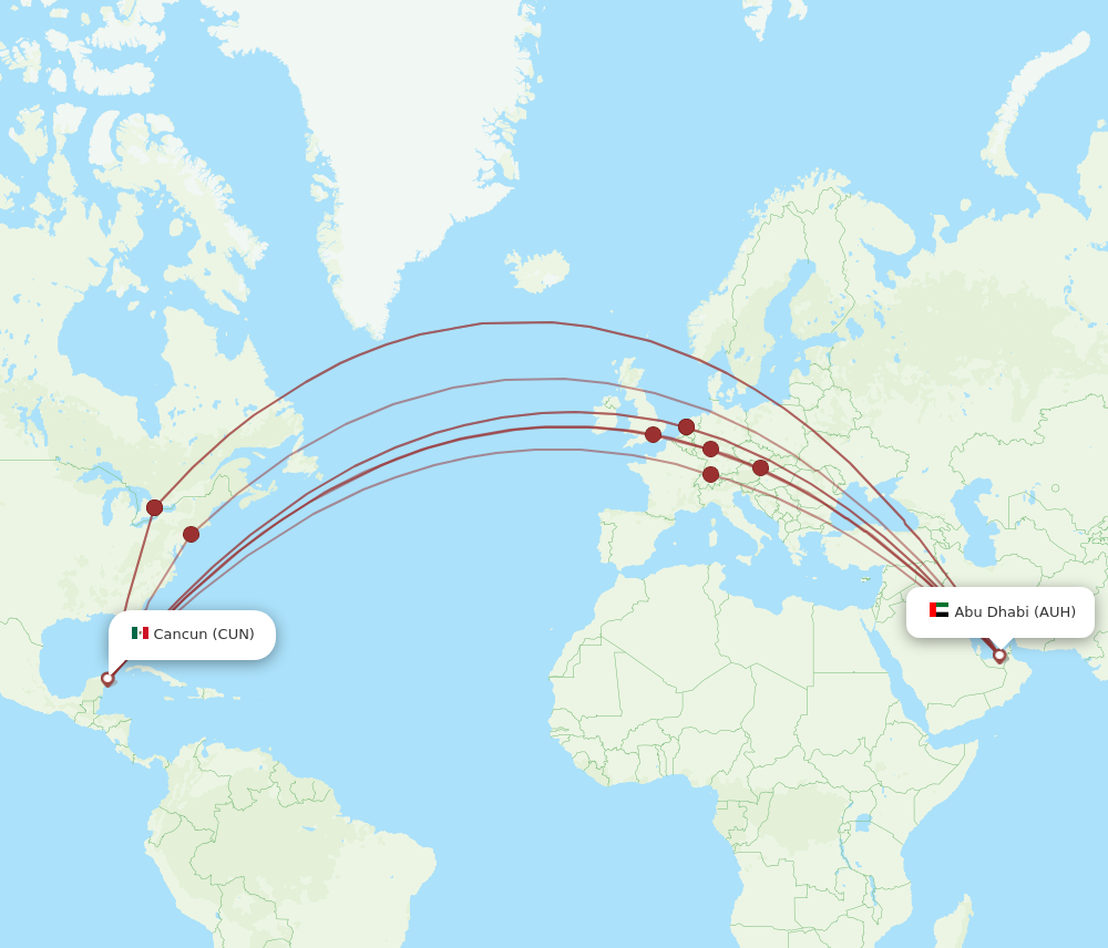 AUH to CUN flights and routes map
