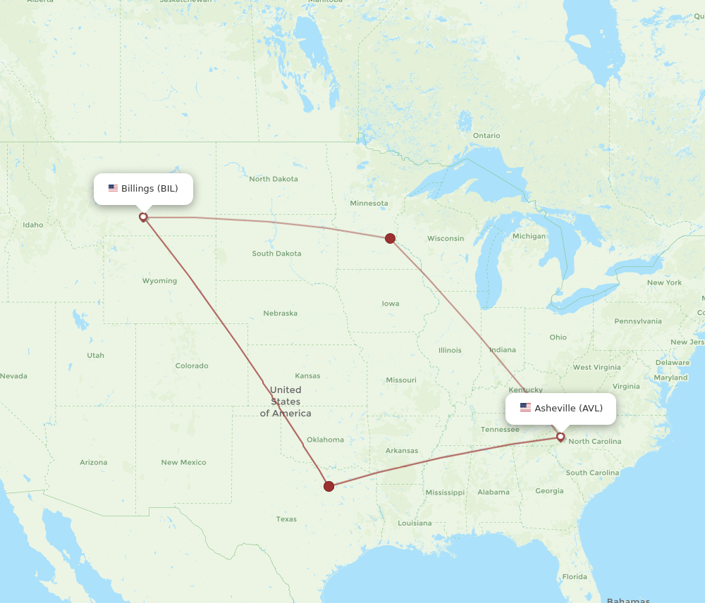 All Flight Routes From Asheville To Billings, AVL To BIL - Flight Routes