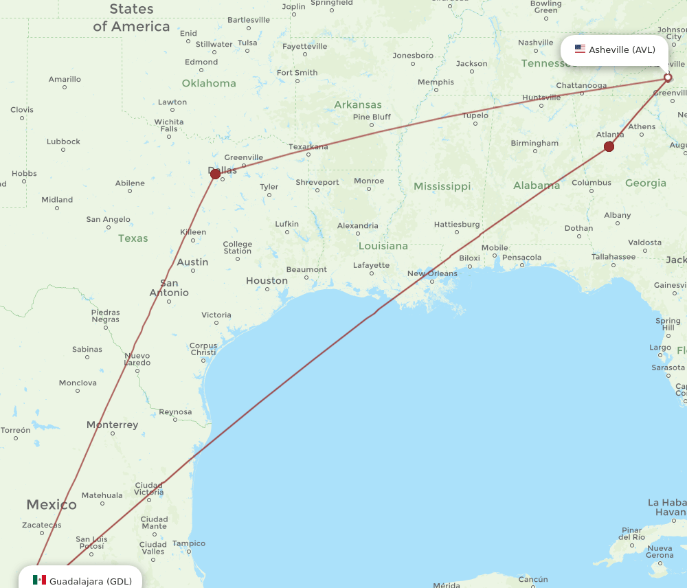 All Flight Routes From Asheville To Guadalajara Avl To Gdl Flight Routes 1618