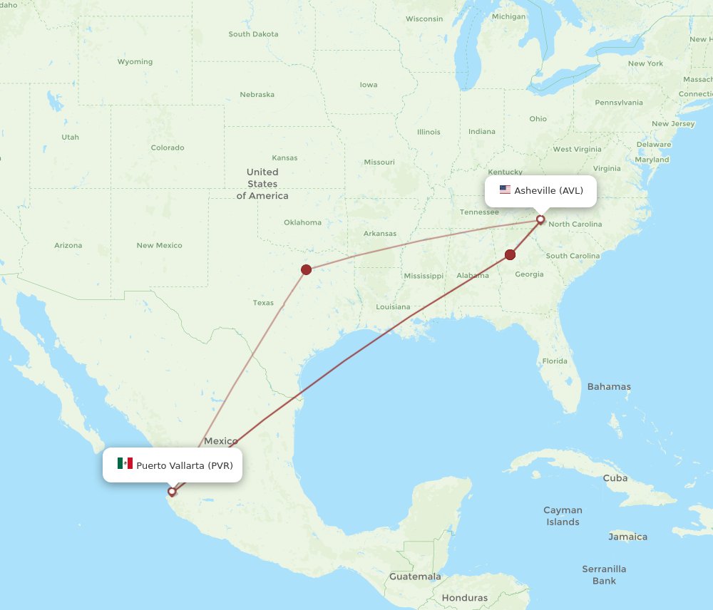 All flight routes from Asheville to Puerto Vallarta, AVL to PVR ...