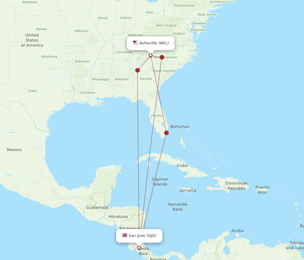 Flights from Asheville to San Jose AVL to SJO Flight Routes