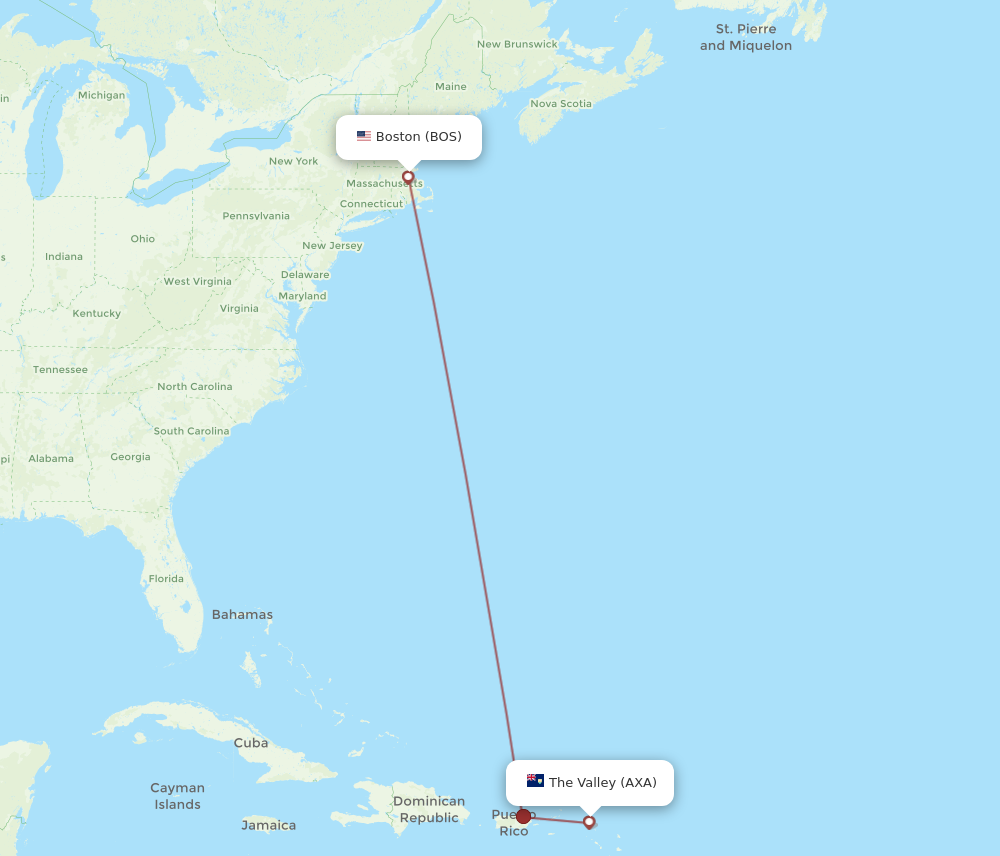 All flight routes from Boston to Anguilla, BOS to AXA - Flight Routes