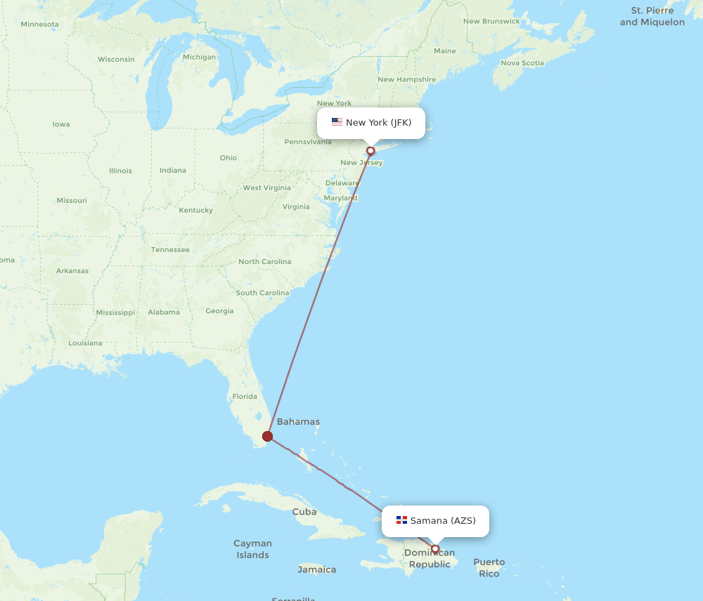 Flights from El Catey Samana to New York AZS to JFK Flight Routes