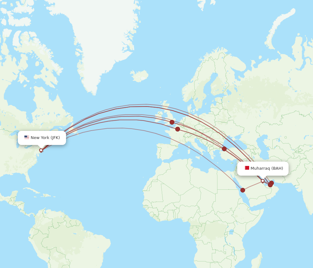 Flights from Bahrain to New York, BAH to JFK Flight Routes