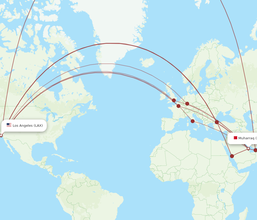 Flights from Bahrain to Los Angeles, BAH to LAX Flight Routes