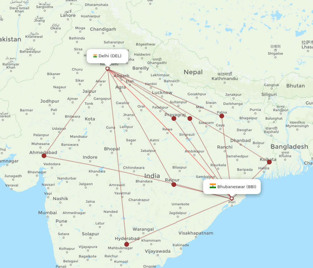 All Flight Routes From Bhubaneswar To Delhi, BBI To DEL - Flight Routes