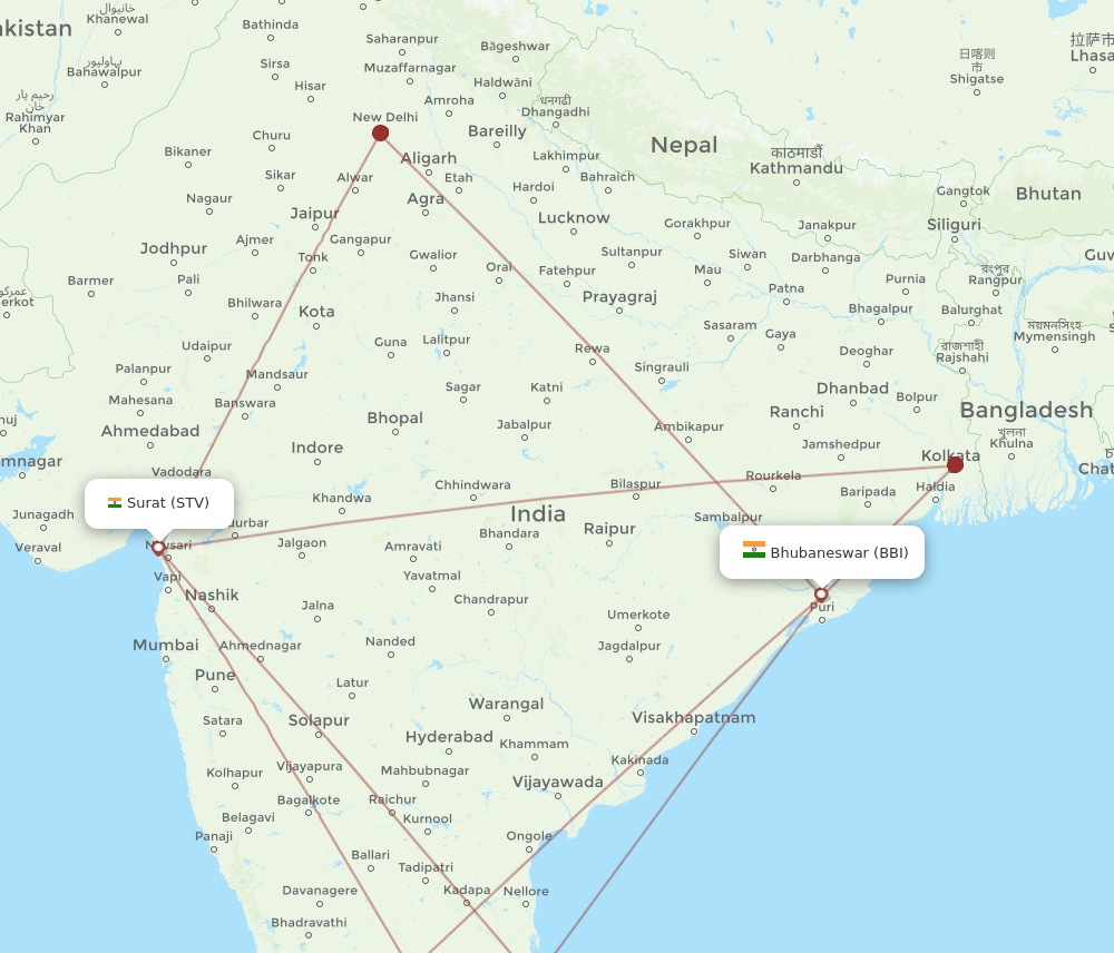 All Flight Routes From Bhubaneswar To Surat Gujarat, BBI To STV ...