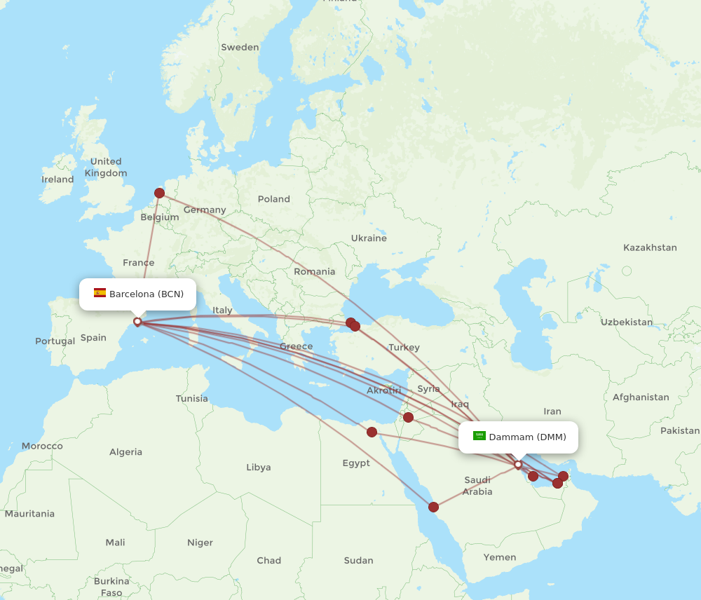 BCN to DMM flights and routes map