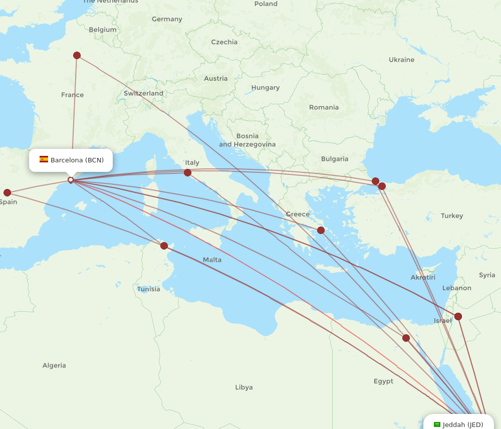 BCN to JED flights and routes map