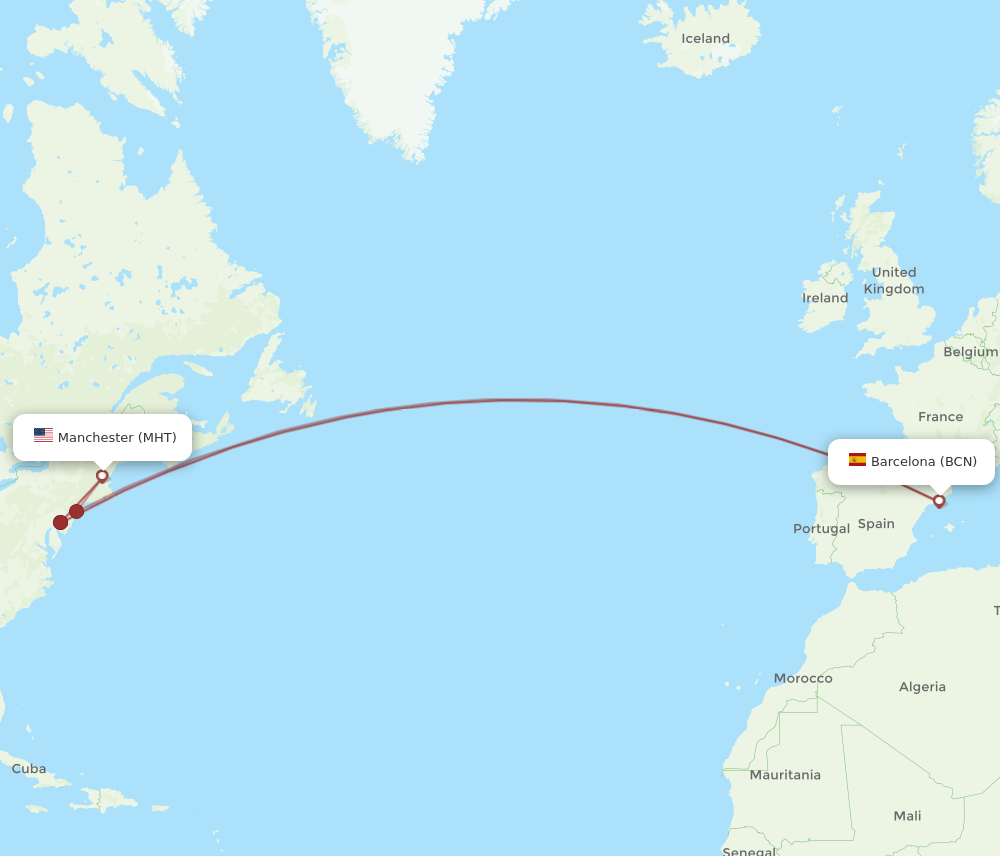 Flights from Barcelona to Manchester BCN to MHT Flight Routes