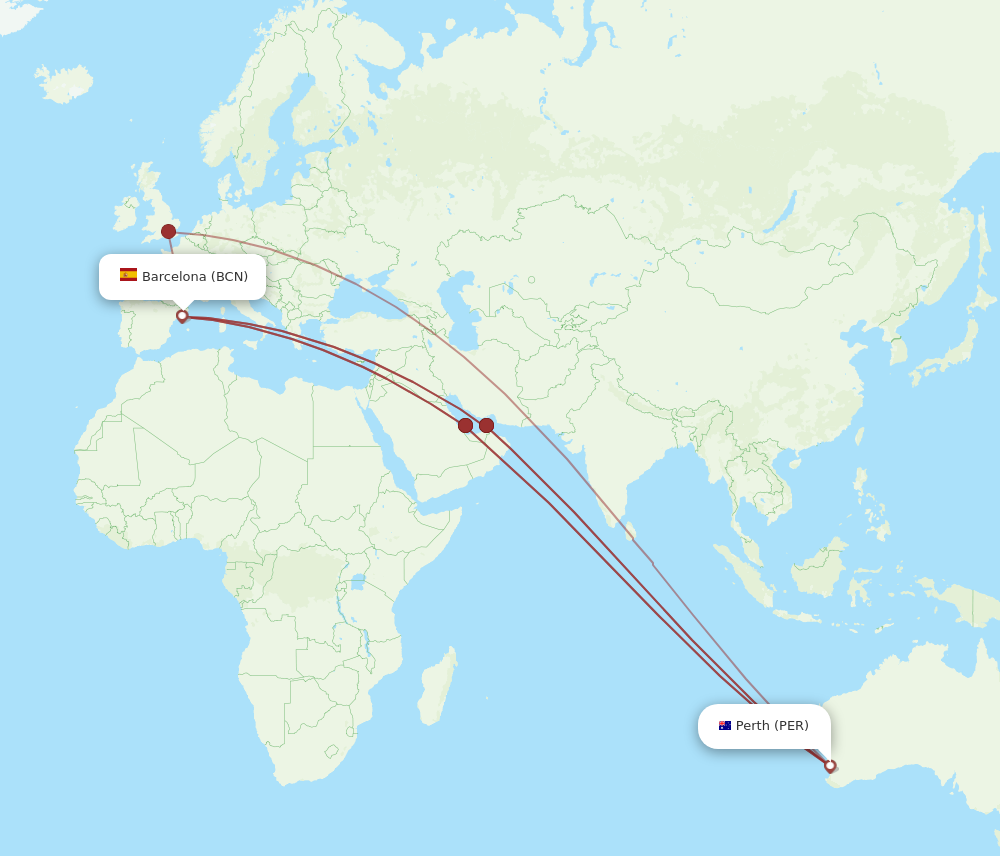 All Flight Routes From Barcelona To Perth, Bcn To Per - Flight Routes