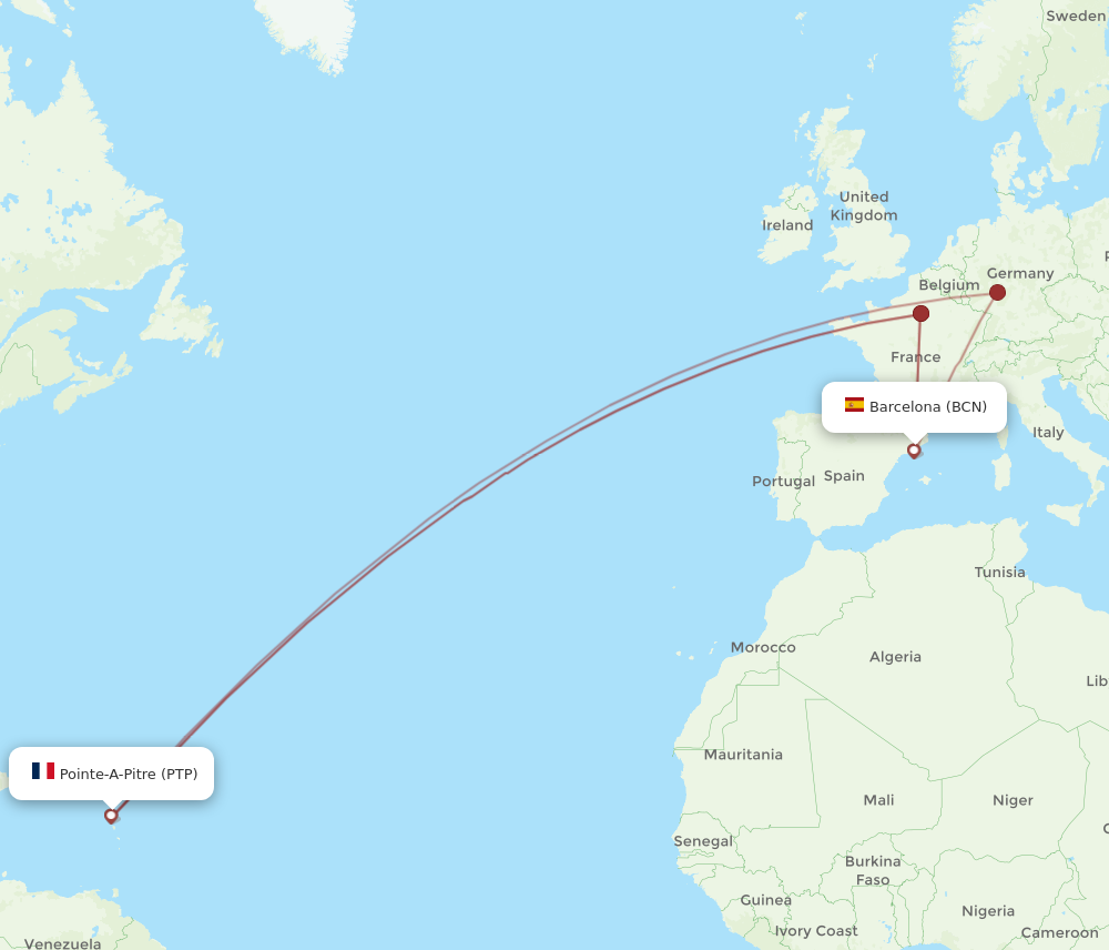 Flights from Barcelona to Pointe a Pitre BCN to PTP Flight Routes