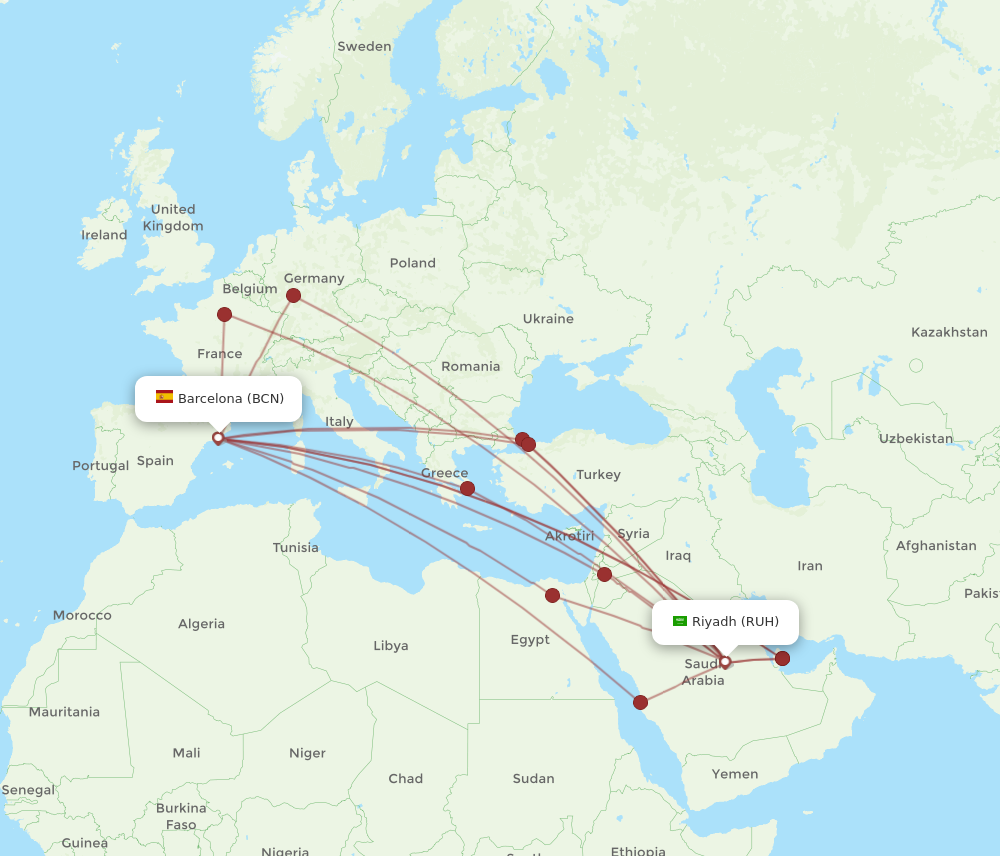 BCN to RUH flights and routes map