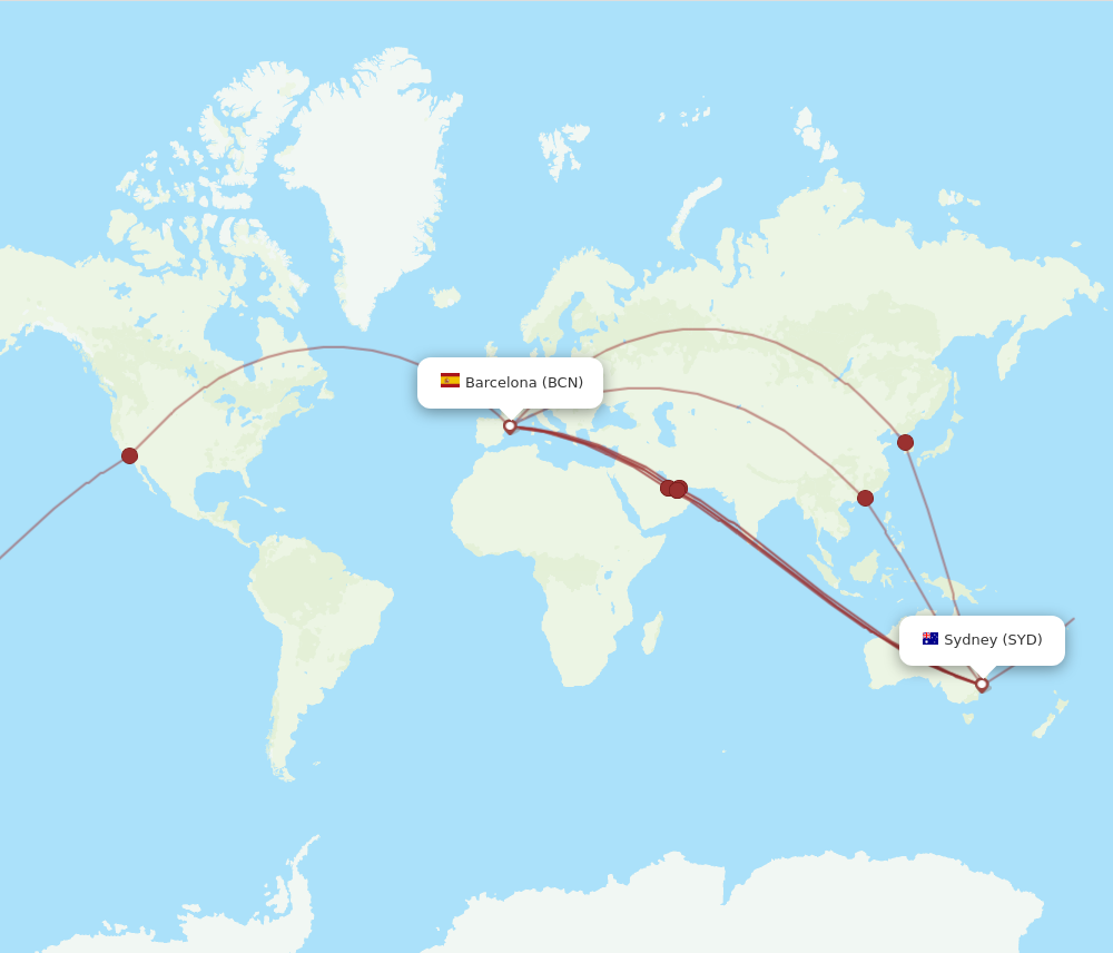 BCN to SYD flights and routes map