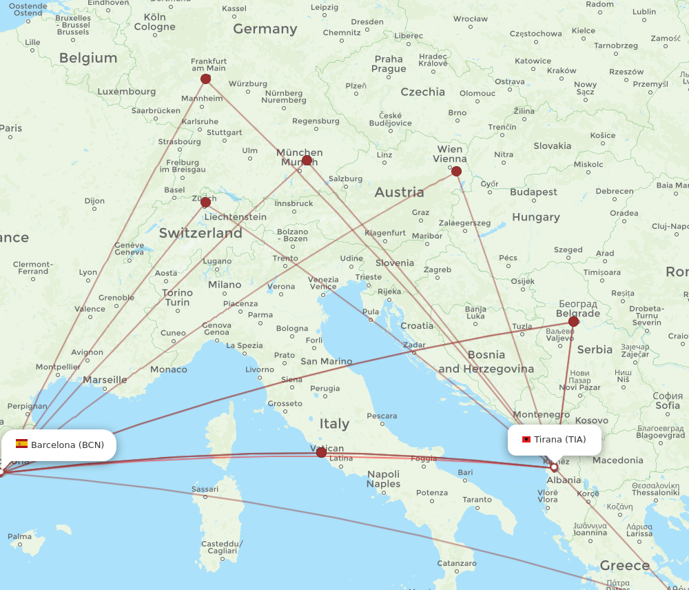 Flights from Barcelona to Tirana, BCN to TIA - Flight Routes