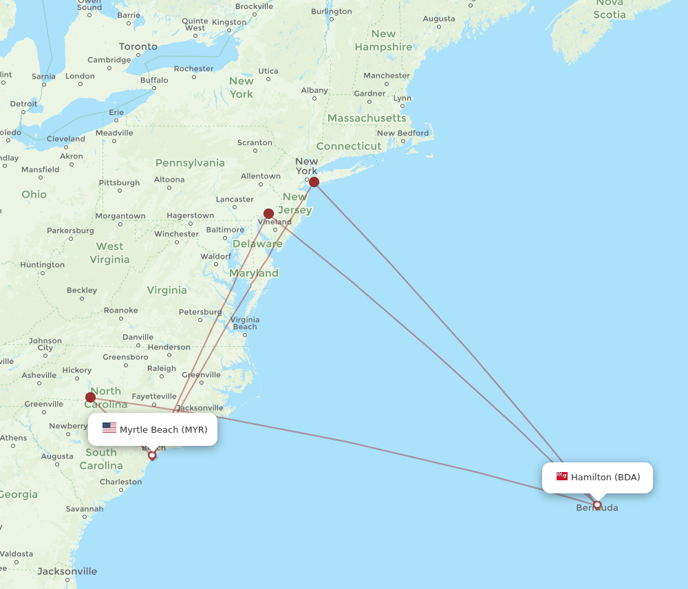 Flights from Bermuda to Myrtle Beach BDA to MYR Flight Routes