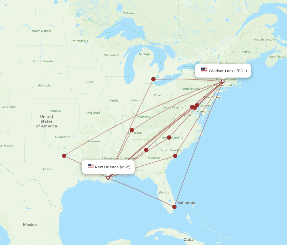 All Flight Routes From Hartford To New Orleans, Bdl To Msy - Flight Routes