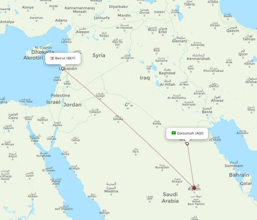 Flights from Beirut to Qaisumah BEY to AQI Flight Routes