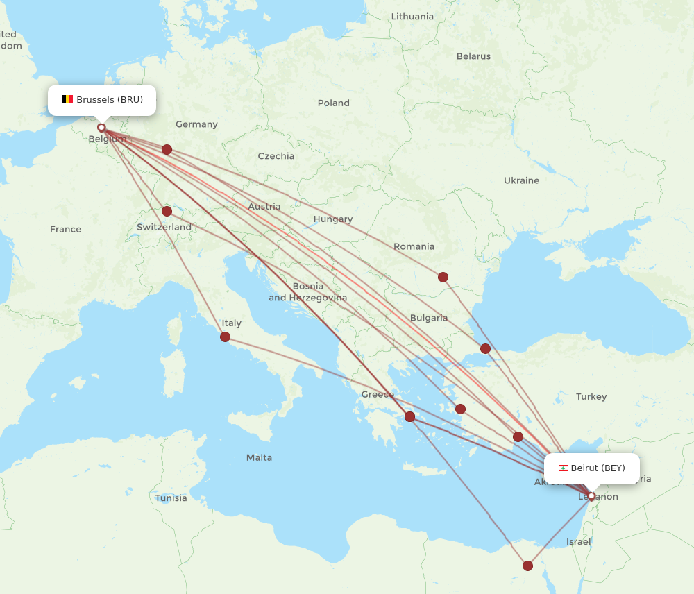 All Flight Routes From Beirut To Brussels, Bey To Bru - Flight Routes