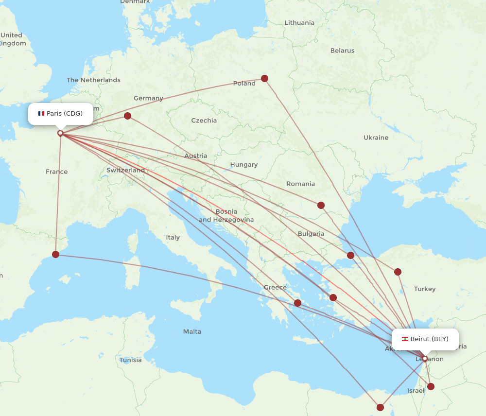 All flight routes from Beirut to Paris, BEY to CDG - Flight Routes