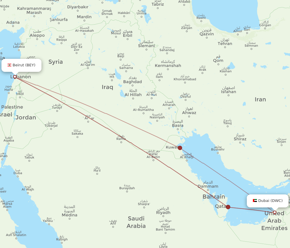 Flights from Beirut to Dubai BEY to DWC Flight Routes