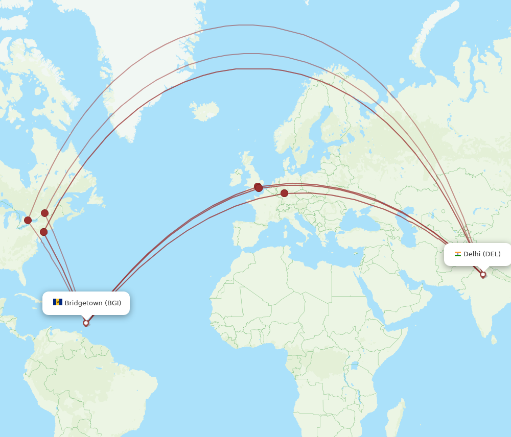 All flight routes from Bridgetown to Delhi, BGI to DEL - Flight Routes