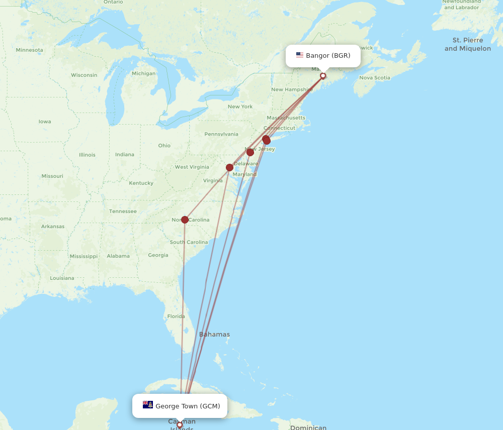 All flight routes from Bangor to Grand Cayman Island, BGR to GCM ...