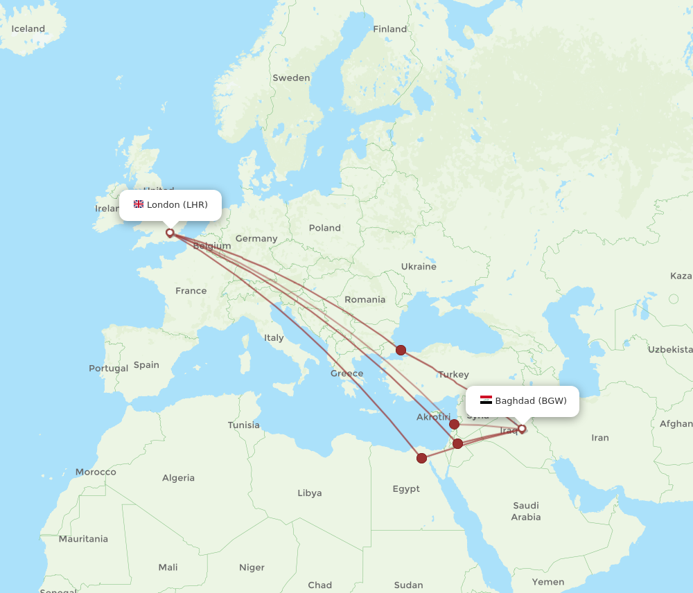 All Flight Routes From Baghdad To London, BGW To LHR - Flight Routes