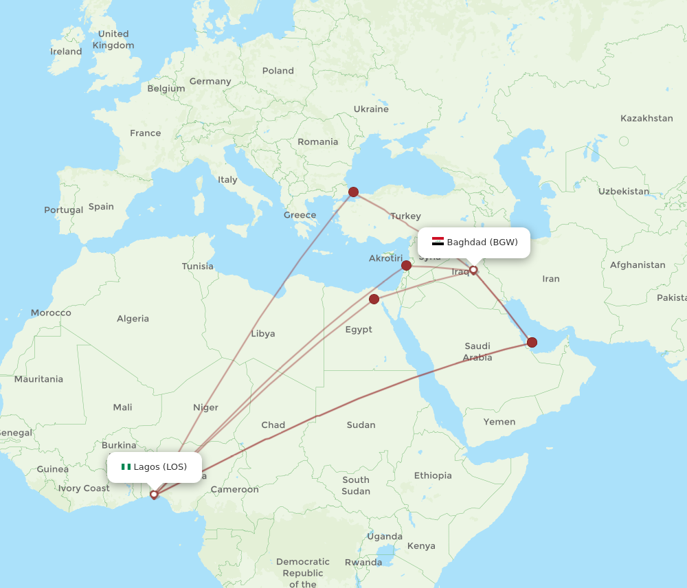 Flights from Baghdad to Lagos BGW to LOS Flight Routes