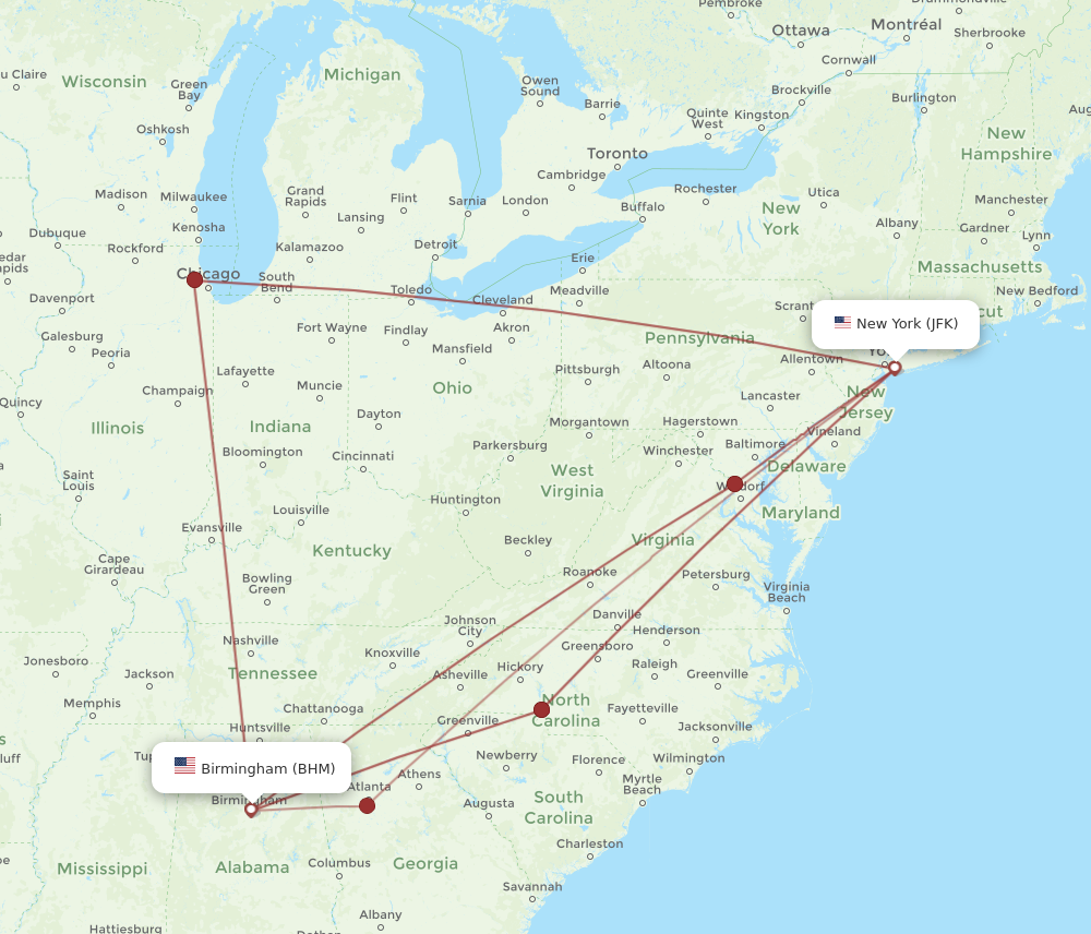 Flights from Birmingham to New York BHM to JFK Flight Routes