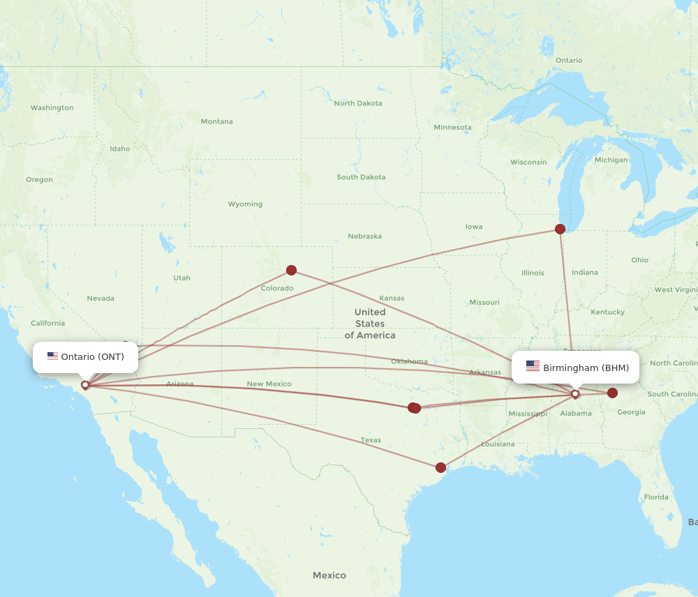 All flight routes from Birmingham to Ontario, BHM to ONT - Flight Routes