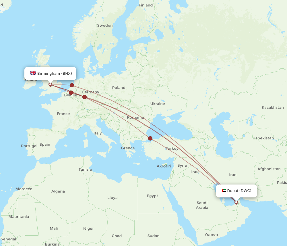 Flights from Birmingham to Dubai BHX to DWC Flight Routes