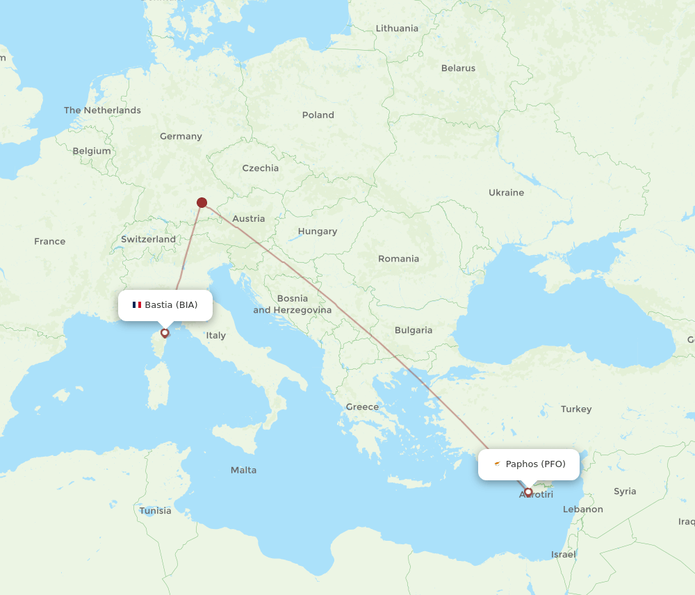 All flight routes from Paphos to Bastia, PFO to BIA Flight Routes