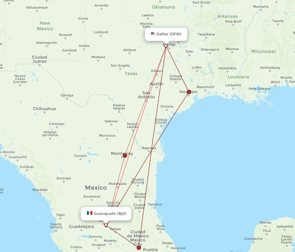 BJX to DFW flights and routes map