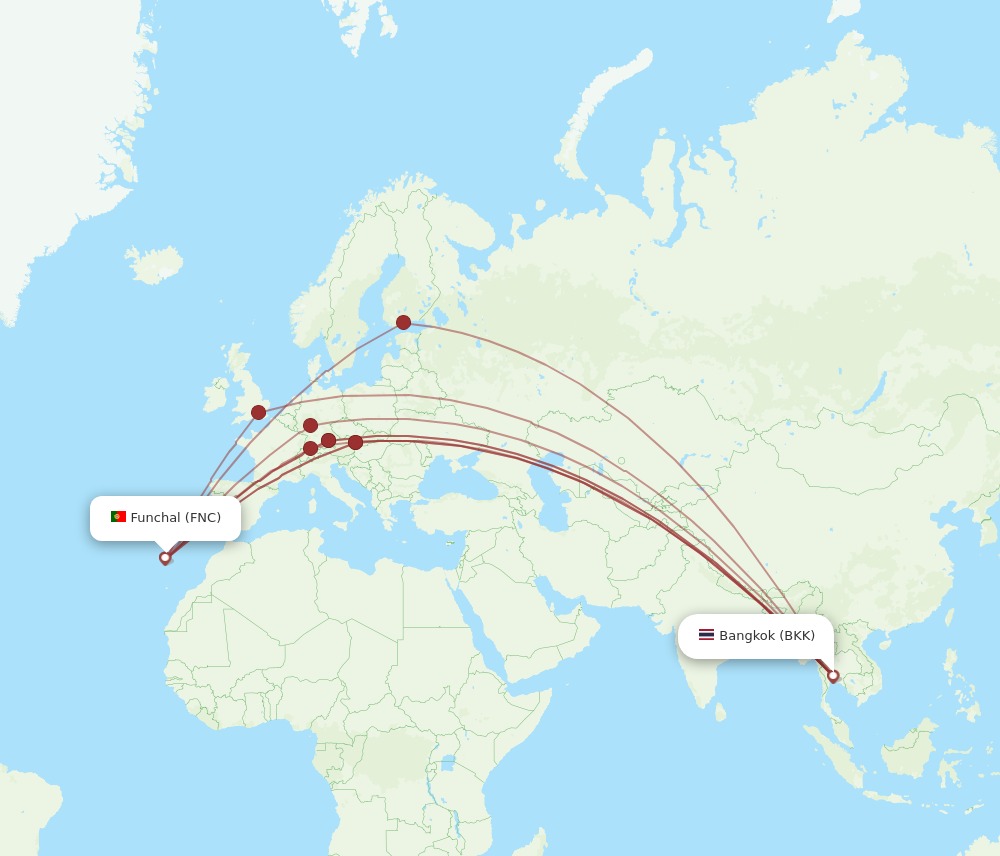 All flight routes from Bangkok to Funchal, BKK to FNC - Flight Routes