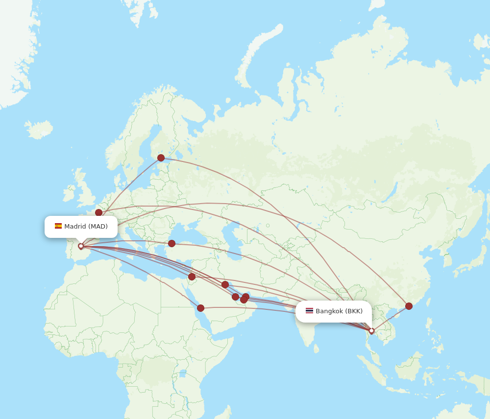 All flight routes from Bangkok to Madrid, BKK to MAD - Flight Routes