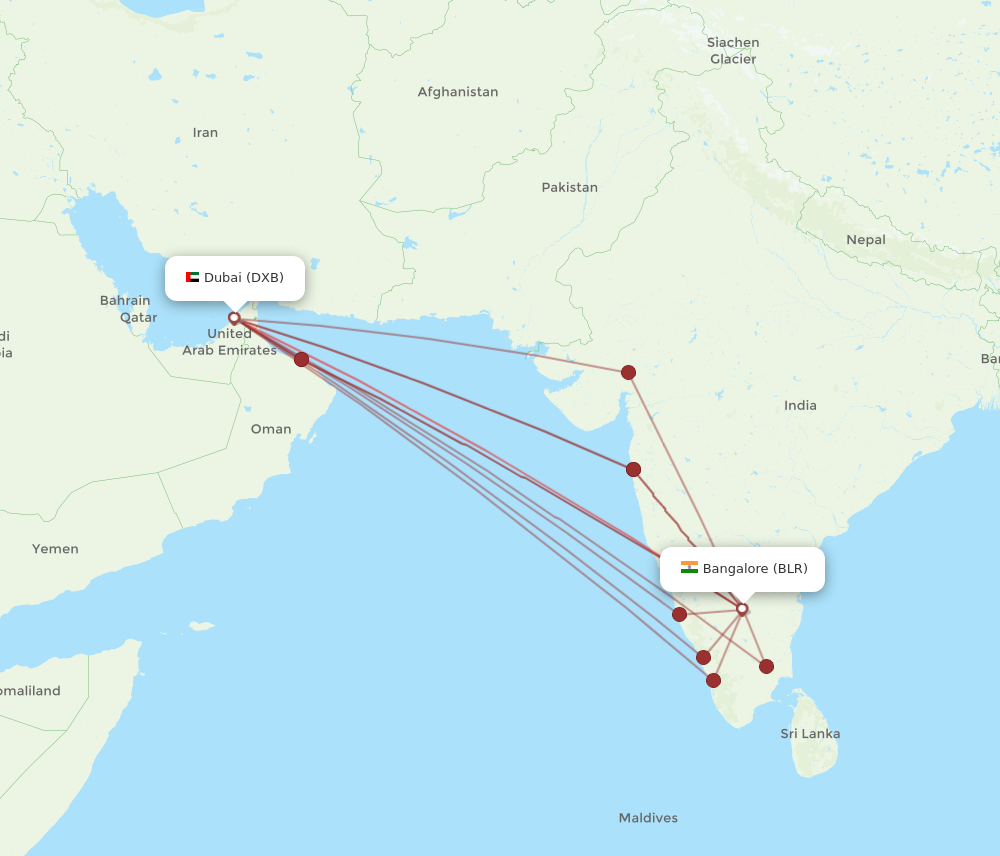 BLR to DXB flights and routes map