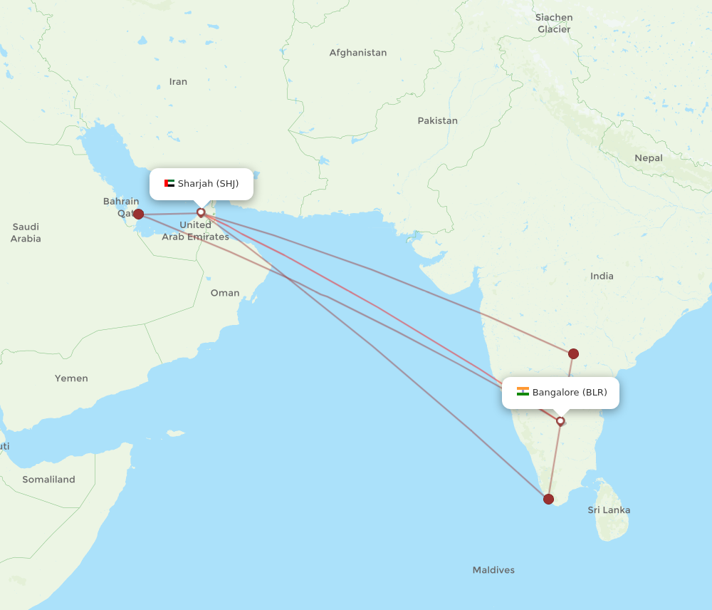 BLR to SHJ flights and routes map