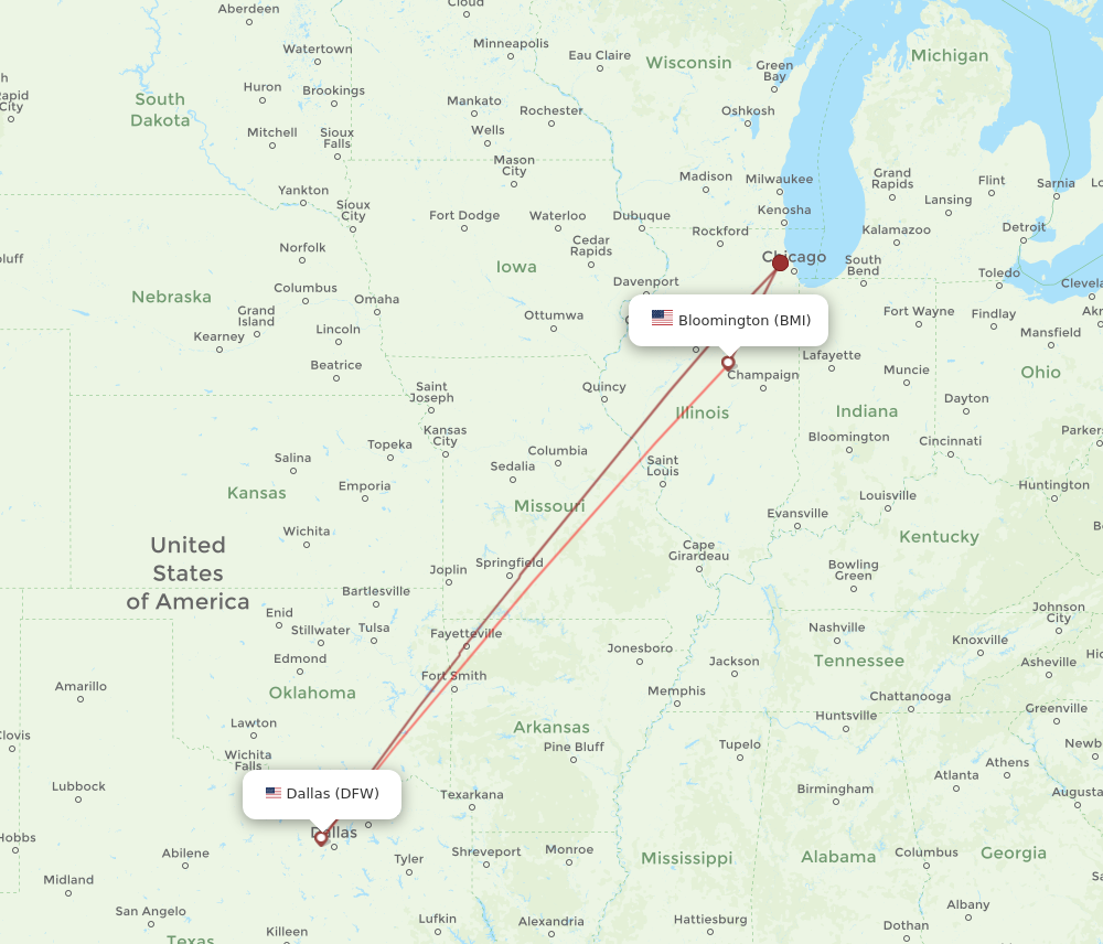 All Flight Routes From Bloomington To Dallas, BMI To DFW - Flight Routes