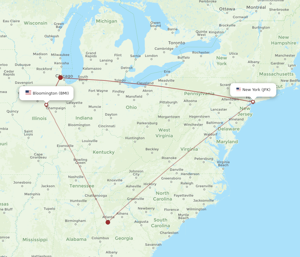 Flights from Bloomington to New York BMI to JFK Flight Routes