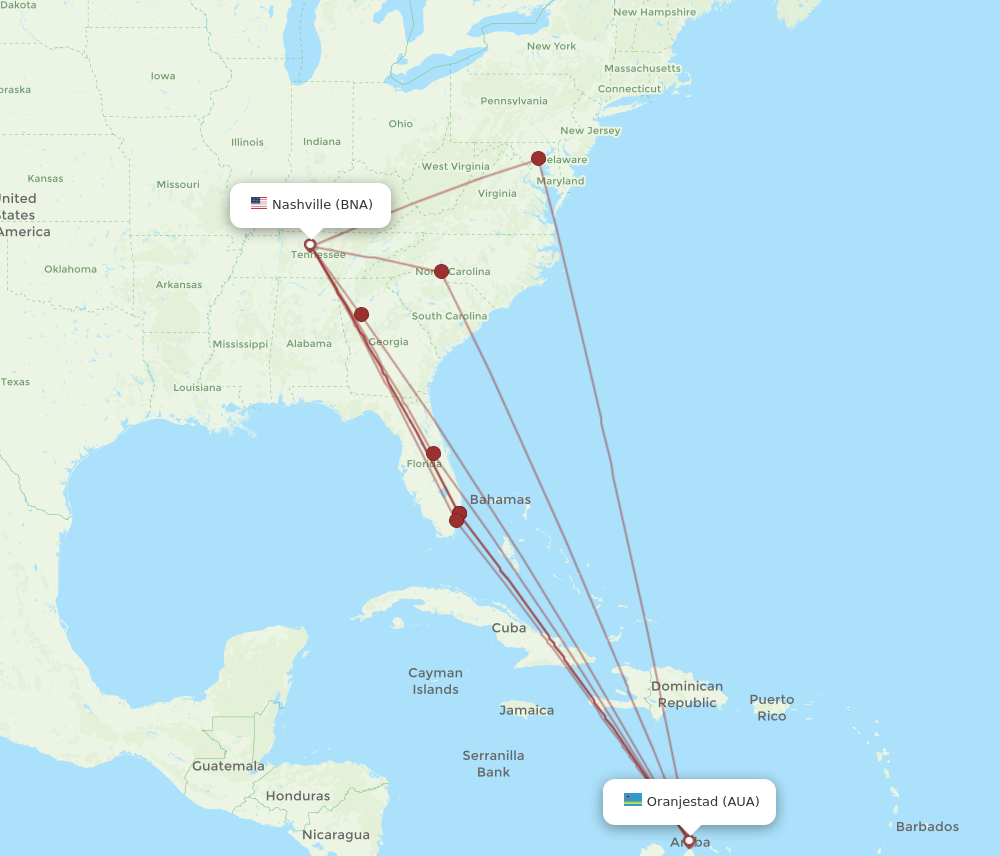 All flight routes from Nashville to Aruba, BNA to AUA - Flight Routes