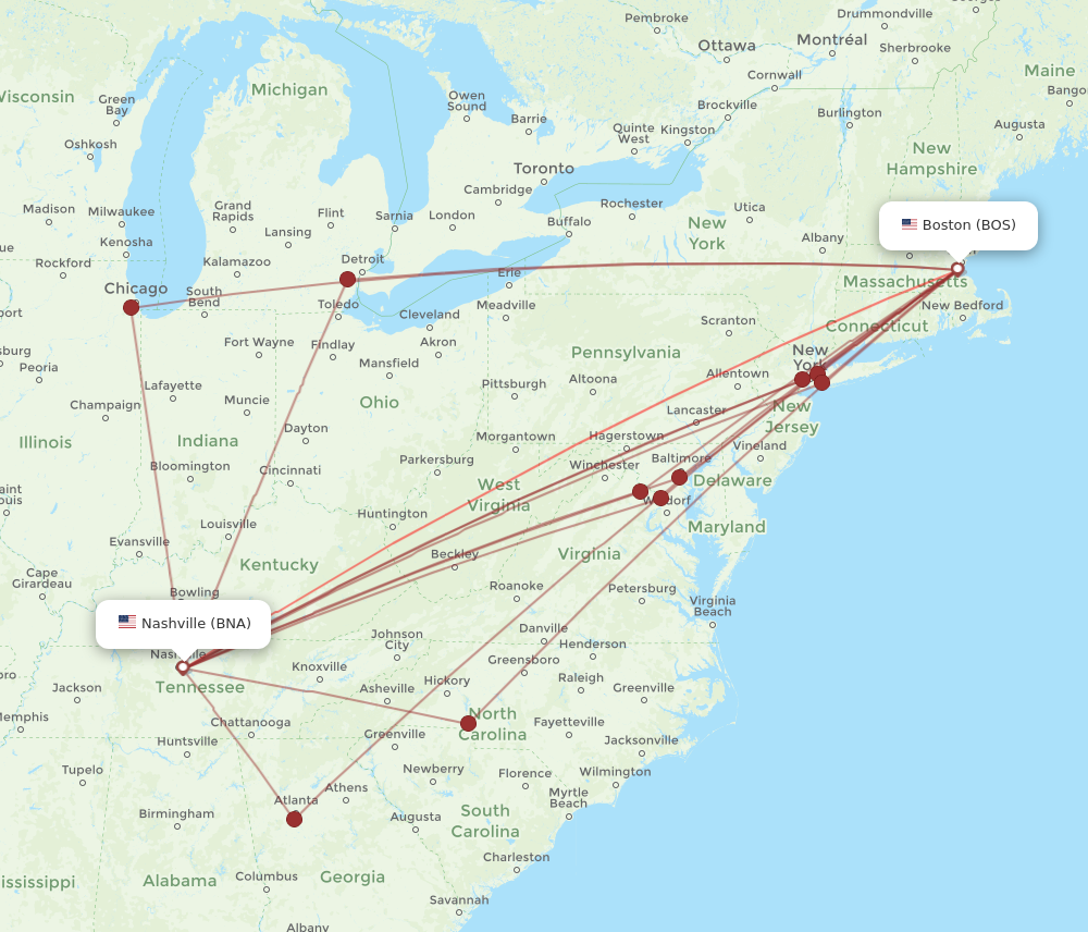 Flights from Nashville to Boston BNA to BOS Flight Routes