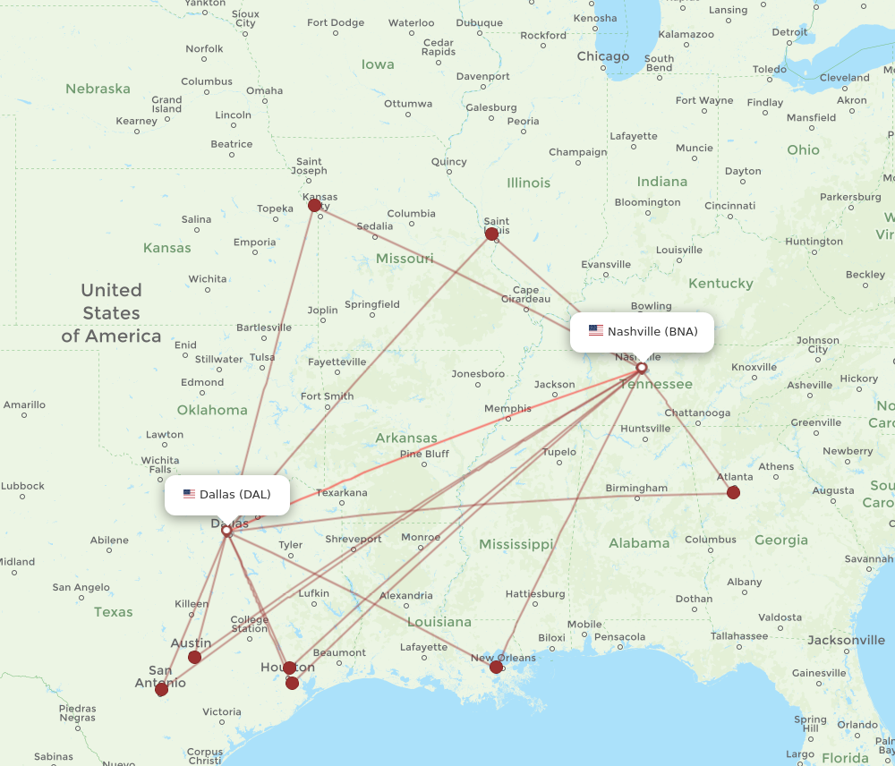 Flights from Nashville to Dallas BNA to DAL Flight Routes