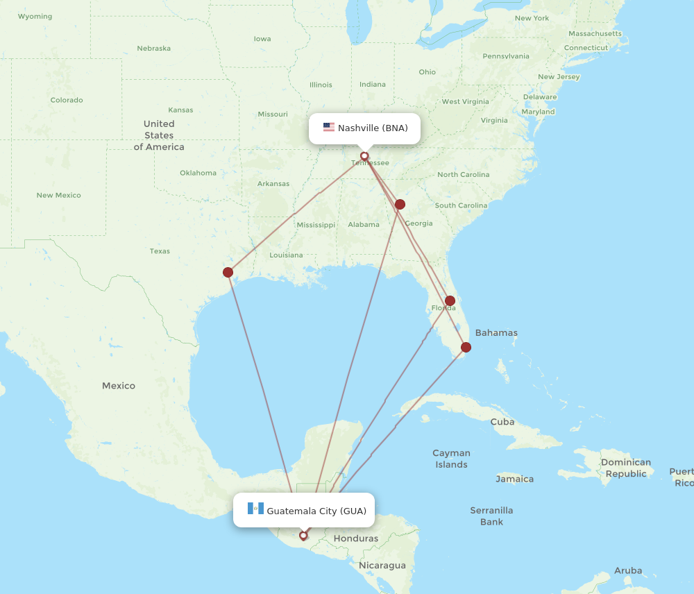 Flights from Nashville to Guatemala City BNA to GUA Flight Routes