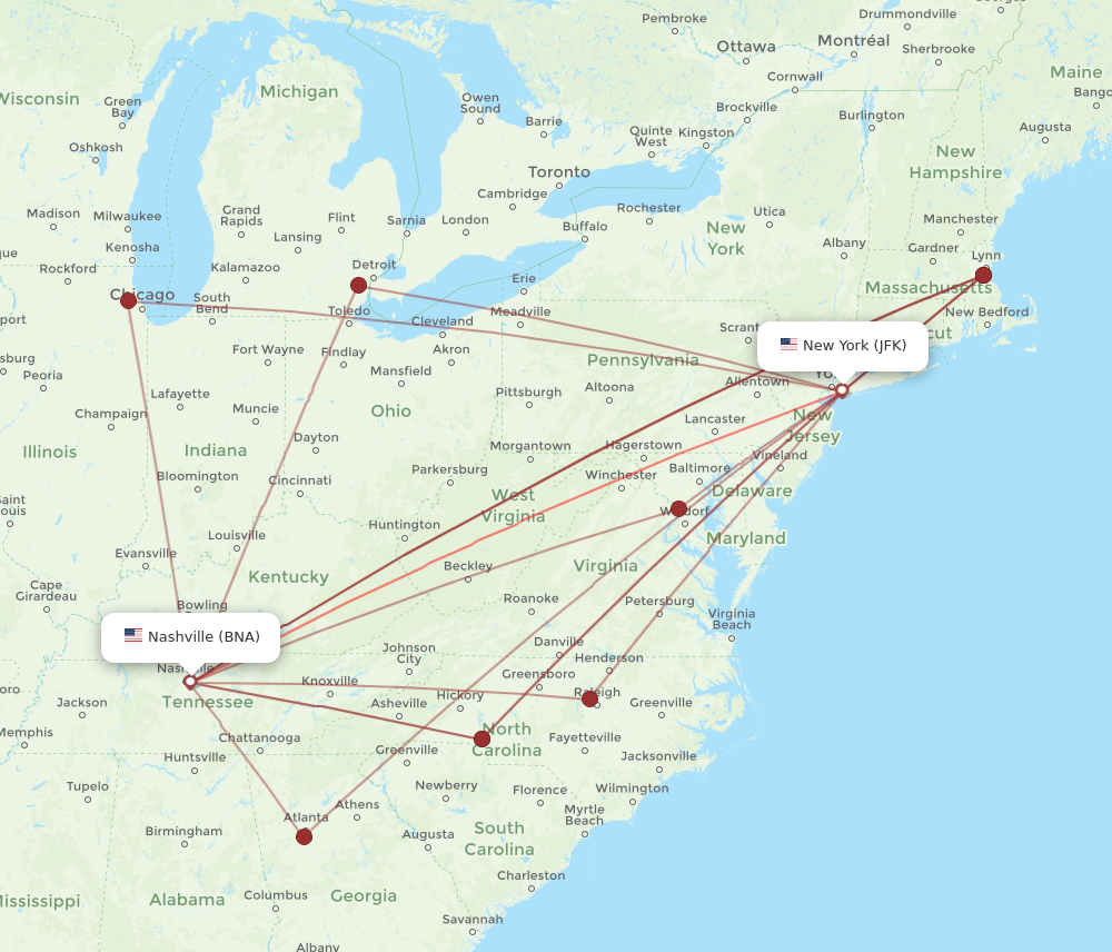 Flights from Nashville to New York BNA to JFK Flight Routes