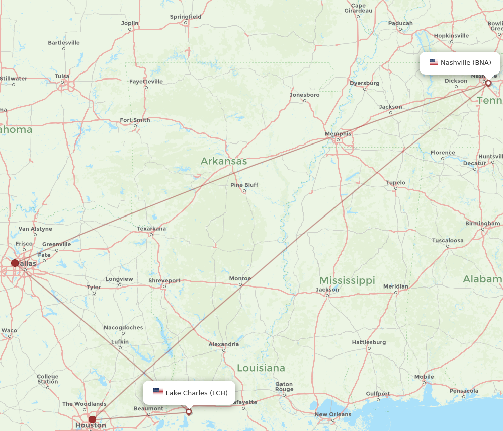 Flights from Nashville to Lake Charles BNA to LCH Flight Routes