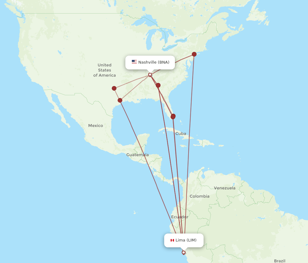 All flight routes from Nashville to Lima, BNA to LIM - Flight Routes