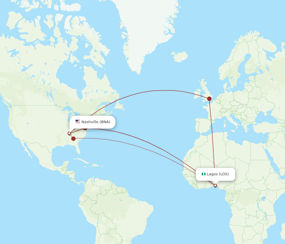 Flights from Nashville to Lagos BNA to LOS Flight Routes