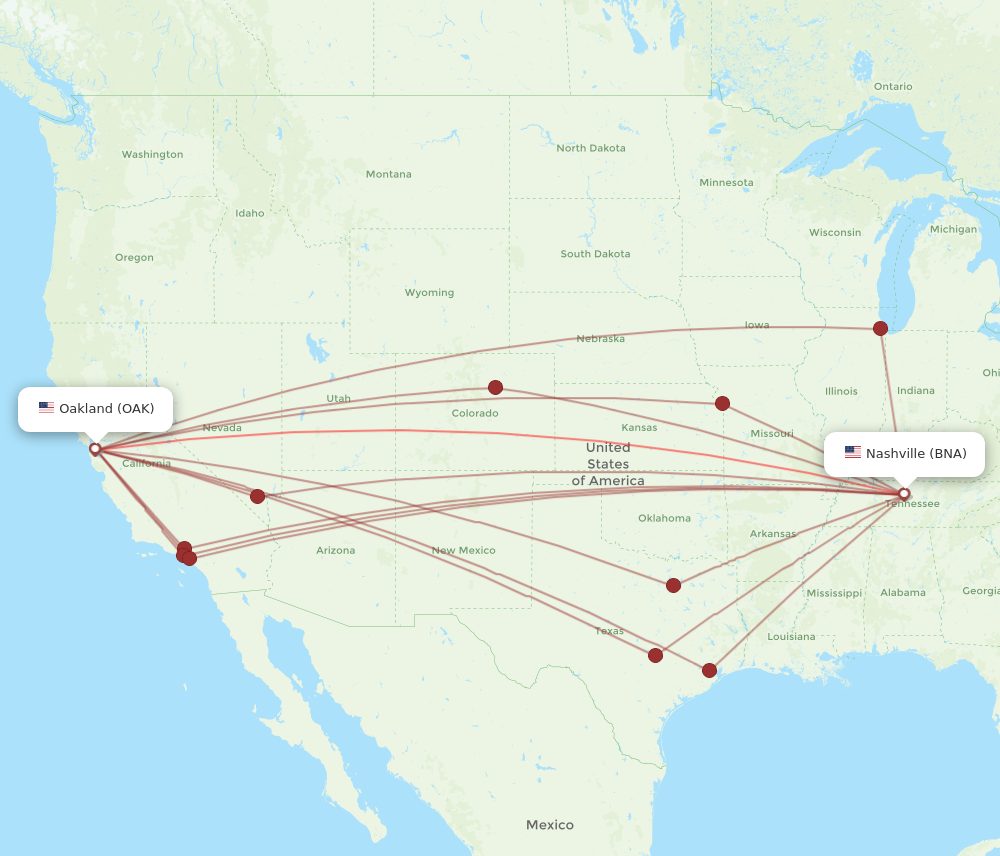 All flight routes from Nashville to Oakland, BNA to OAK - Flight Routes