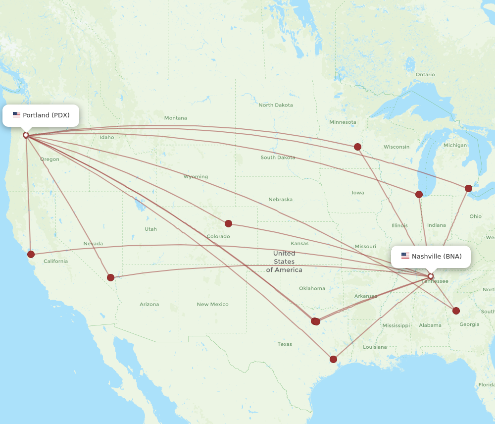 BNA to PDX flights and routes map